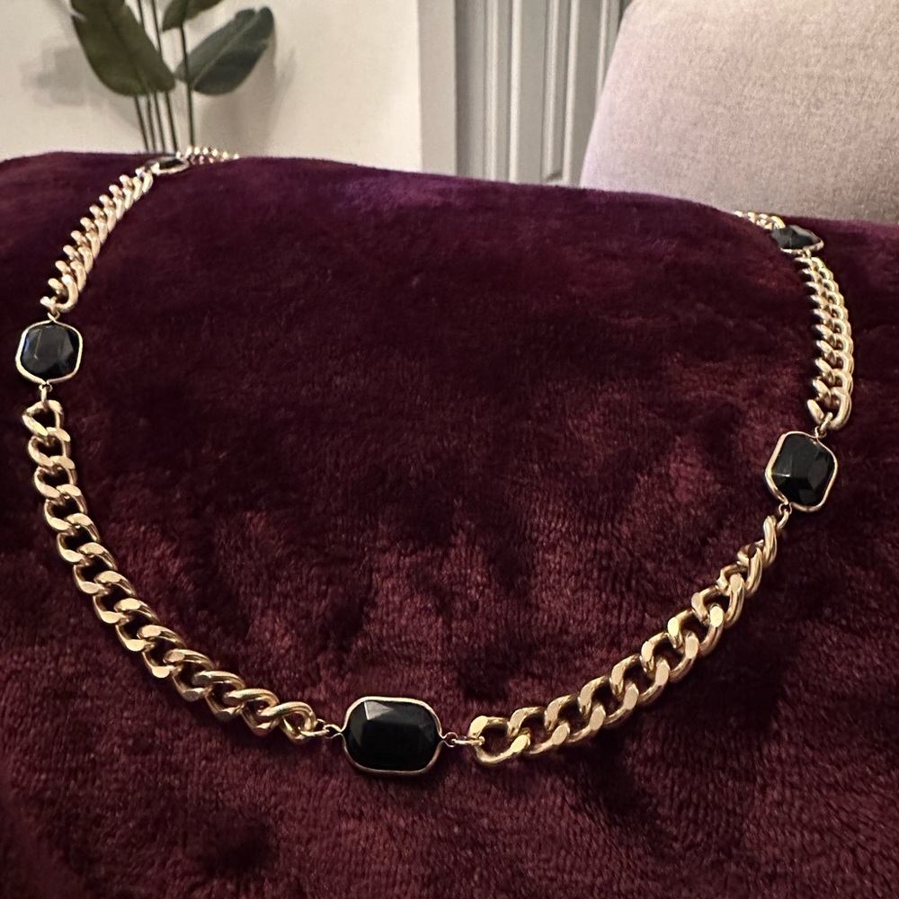 Vintage Gold Tone Black Enamel Chain Necklace